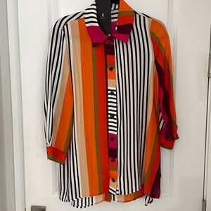 NWT IC by Connie K Striped Button Up Tunic Blouse Silky Flowy Colorful